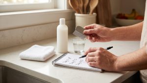 A parent's hand holding a metal fine-tooth nit comb above a sheet of plain white paper, with a small written timeline showing day one, day nine, and day sixteen marked next to the comb - the planning moment for parents working out when to repeat a treatment based on the head lice life cycle