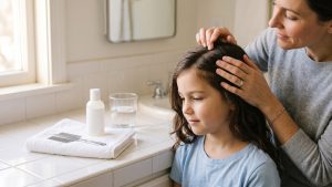 A calm parent gently parts a school-age child's hair to inspect the scalp on a sunny morning, with a fine-tooth lice comb and fragrance-free shampoo on the bathroom counter beside them.