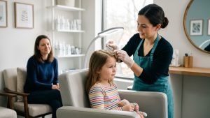 Lice technician using a fine-toothed nit comb to section a child's hair during a professional lice screening at a Silver Spring salon