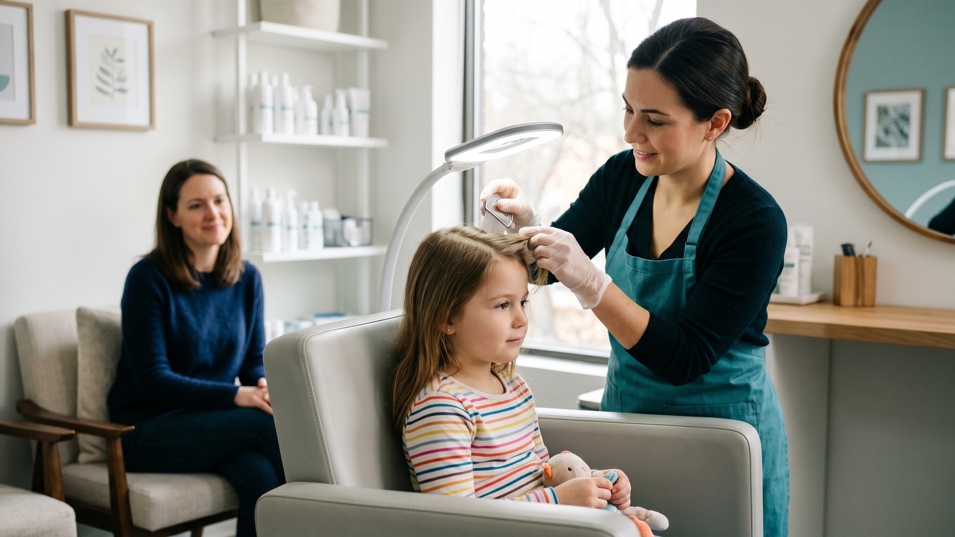 Lice technician using a fine-toothed nit comb to section a child's hair during a professional lice screening at a Silver Spring salon