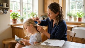 Calm parent in a sunlit kitchen using a fine-tooth metal nit comb to part and inspect a child's hair from root to tip, with a folded white paper towel on the counter, illustrating a careful at-home head lice check.