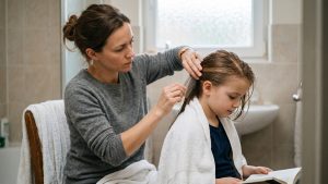 Parent carefully combing through a child's hair with a fine-toothed metal nit comb during a careful second-look check after a lice treatment.
