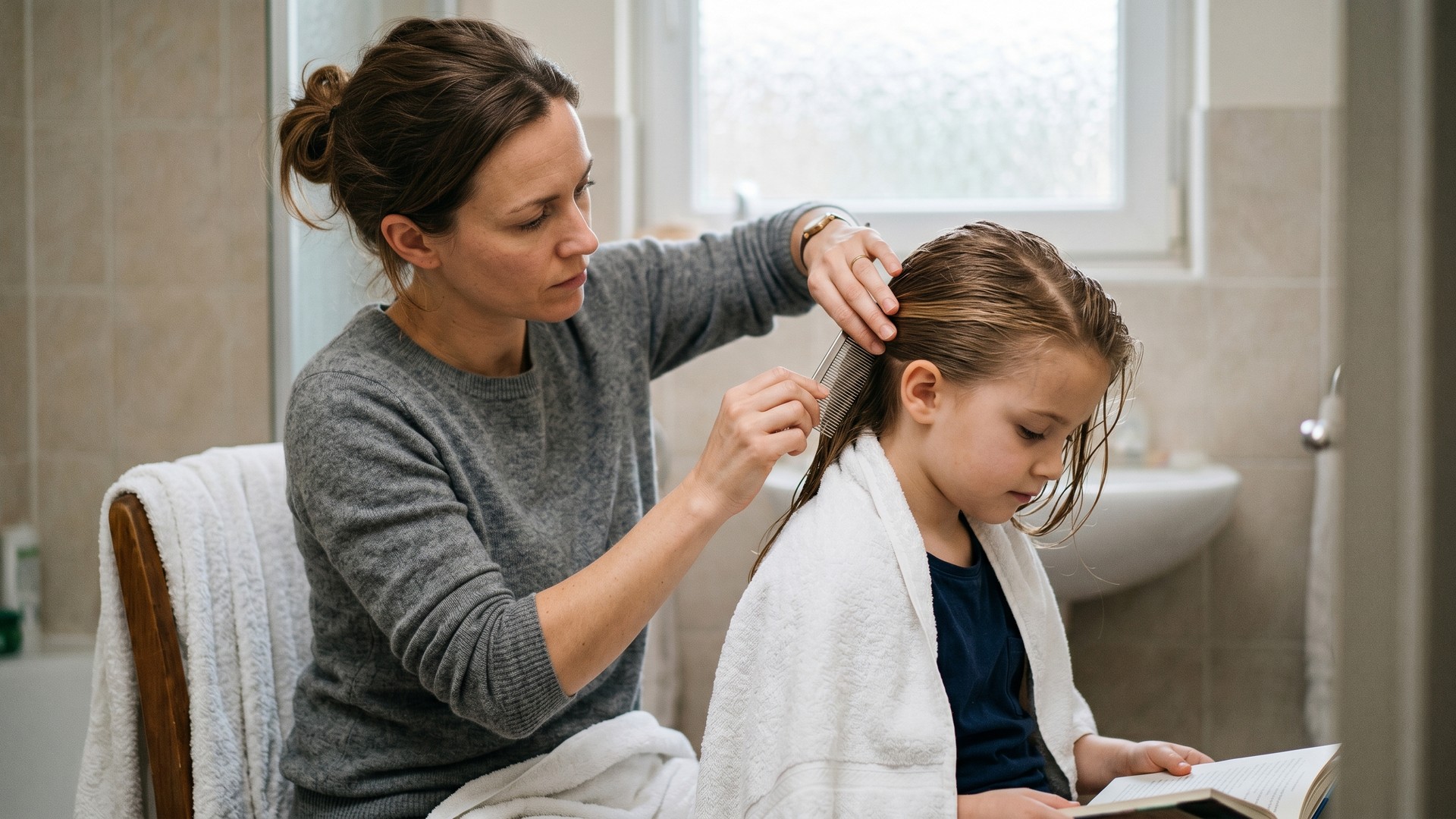 Parent carefully combing through a child's hair with a fine-toothed metal nit comb during a careful second-look check after a lice treatment.